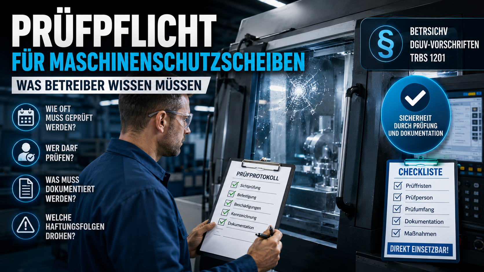 Fachkraft prüft Maschinenschutzscheibe mit LED-Inspektionslampe – DGUV-konforme Prüfung