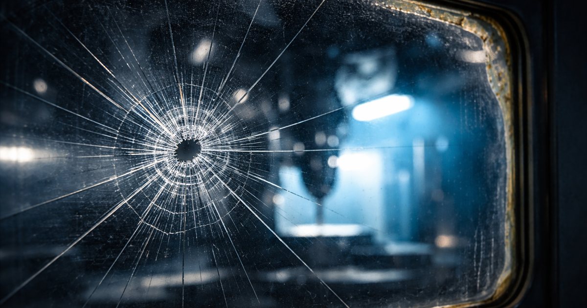 Beschädigte Maschinenschutzscheibe mit zentralem Einschlagpunkt und radialen Rissen
